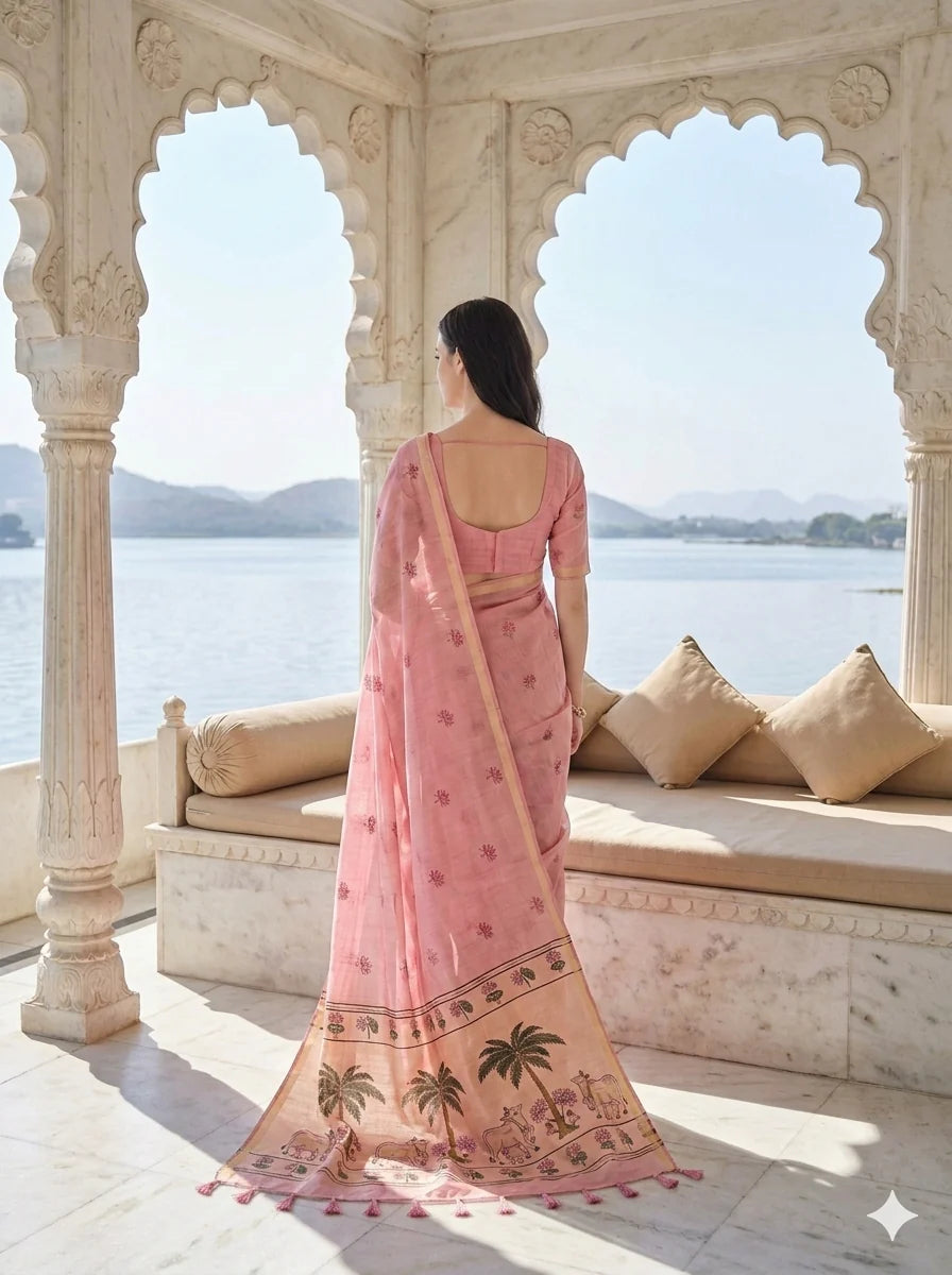 Pink Woven Saree with Pichwai Pallu