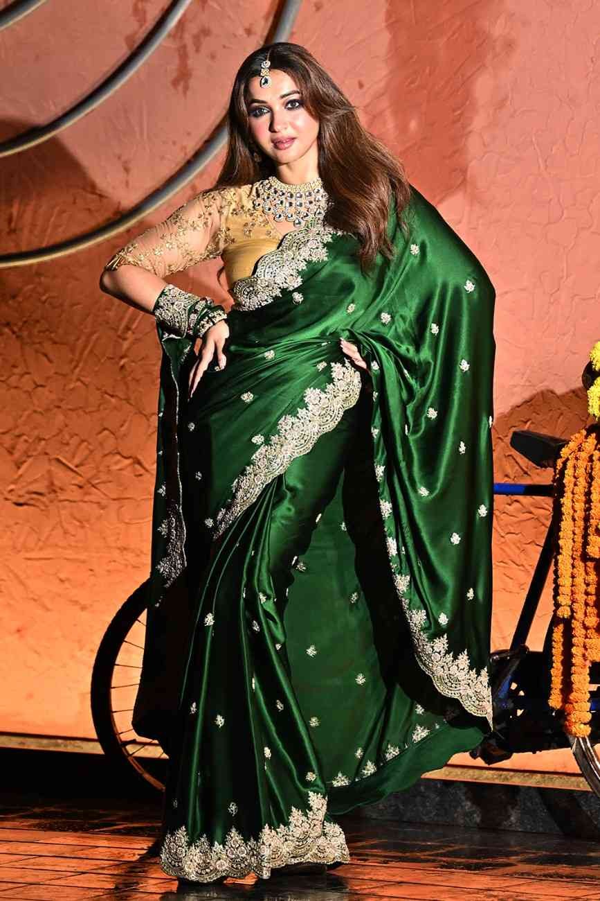 Bottle Green Satin Saree with Resham Embroidery