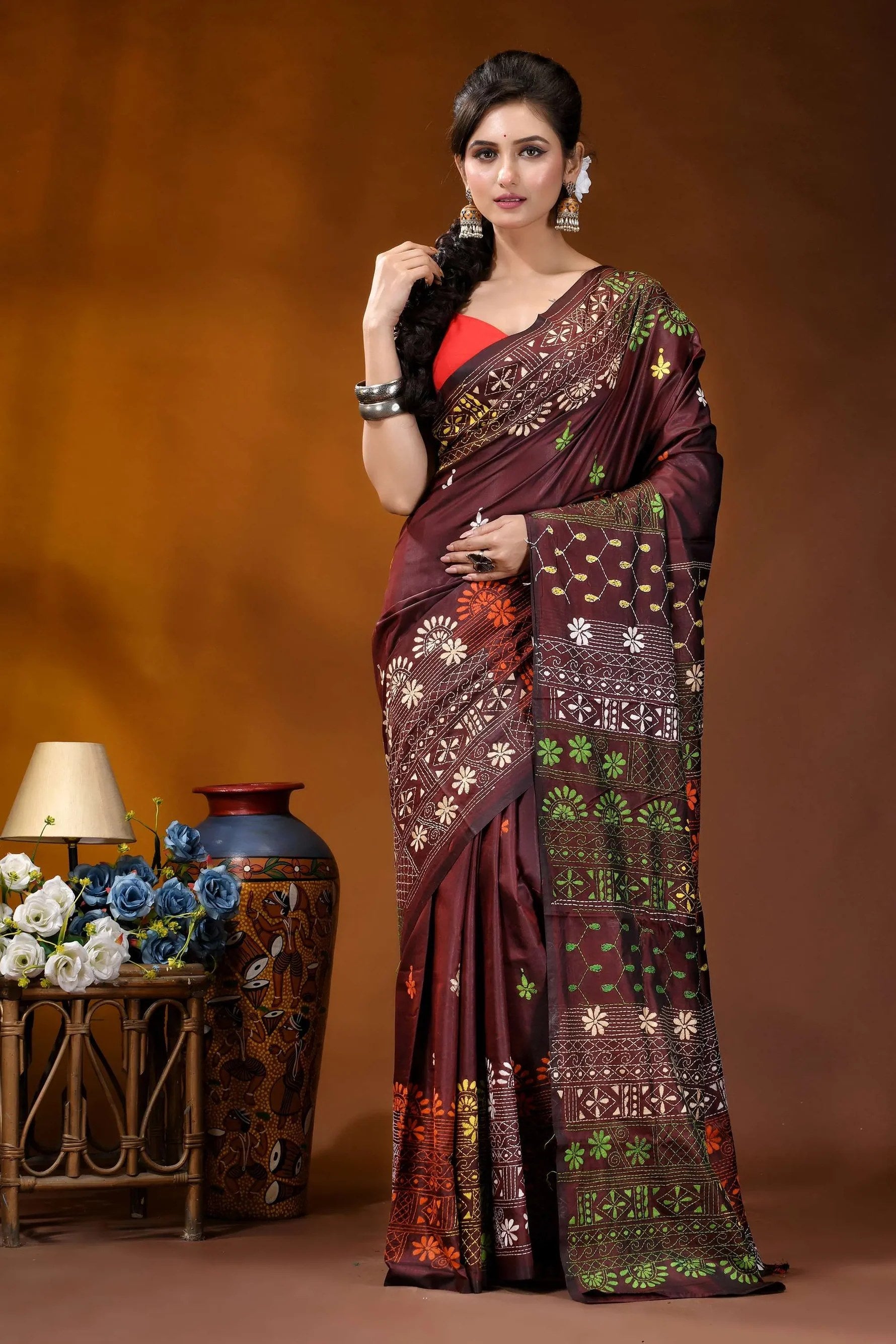 Wine Multi-thread Floral Motif Hand Embroidered Lambani saree